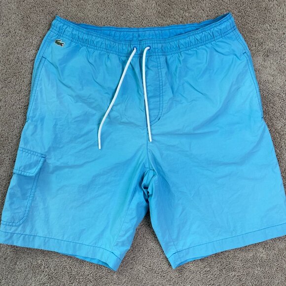 Lacoste Swim Trunks Men Medium Light Blue Quick Dry Cargo Embroidered Logo Lined - Picture 1 of 12